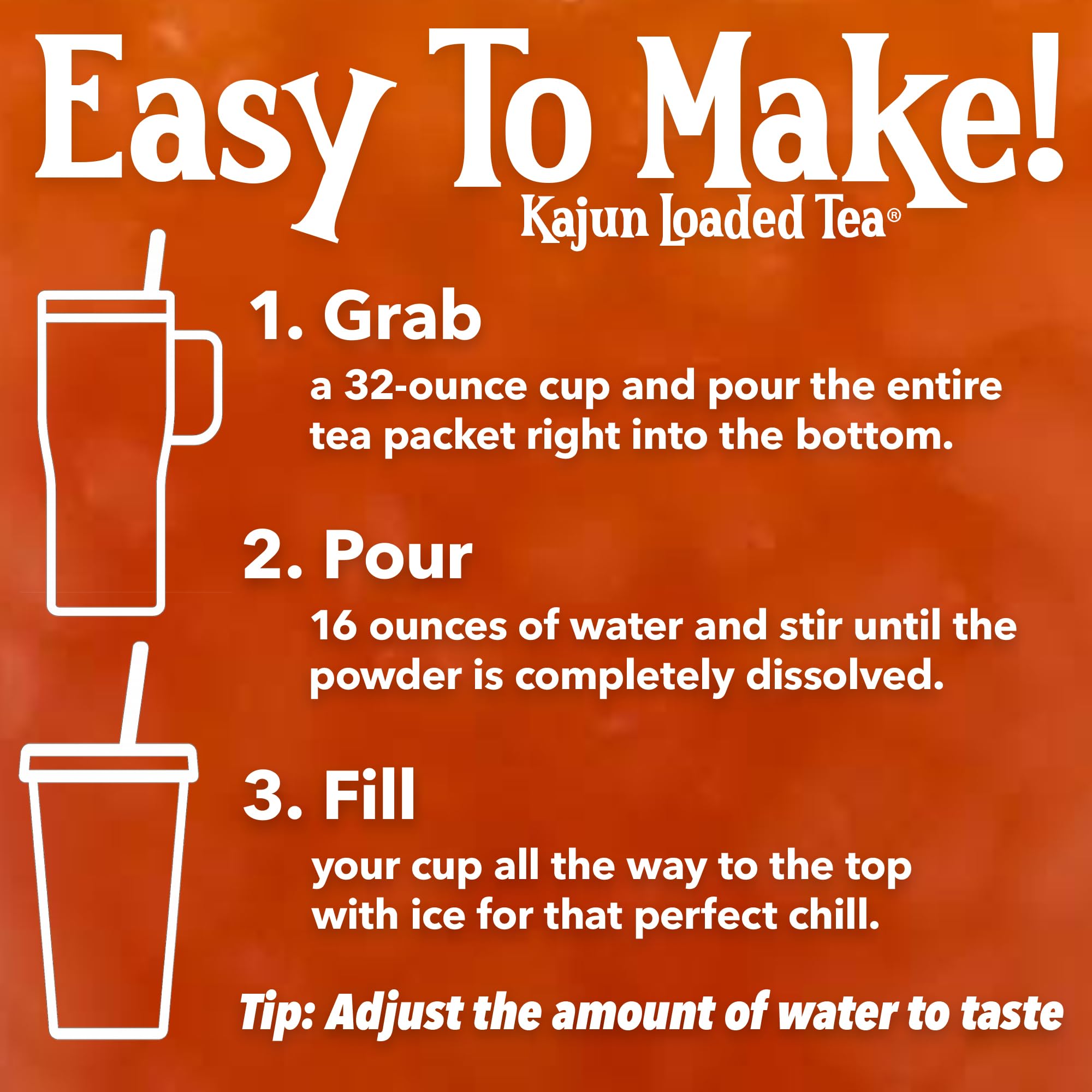 KaJun LOADED TEA packet beside ice-filled cup demonstrating easy on-the-go prep