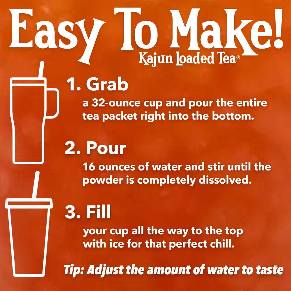 KaJun LOADED TEA packet beside ice-filled cup demonstrating easy on-the-go prep