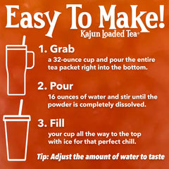 KaJun LOADED TEA packet beside ice-filled cup demonstrating easy on-the-go prep
