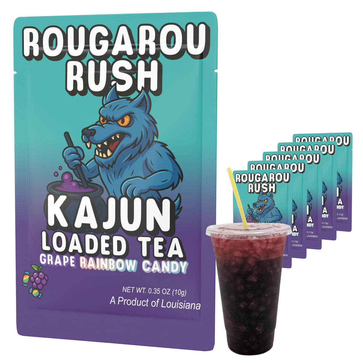 KaJun LOADED TEA front pouch showing vibrant Rougarou Rush branding and convenience