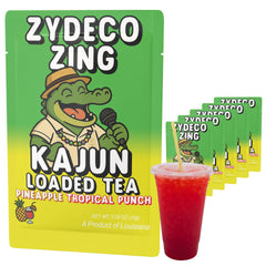 KaJun LOADED TEA front pouch showing Zydeco Zing vibrant packaging and bold tropical appeal