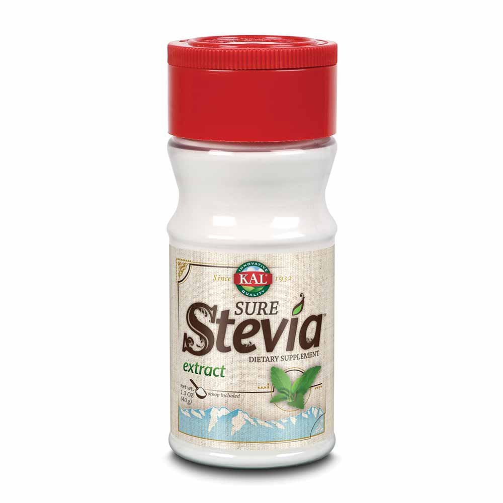 KAL Sure Stevia front shaker showing label and serving info, clear portion control