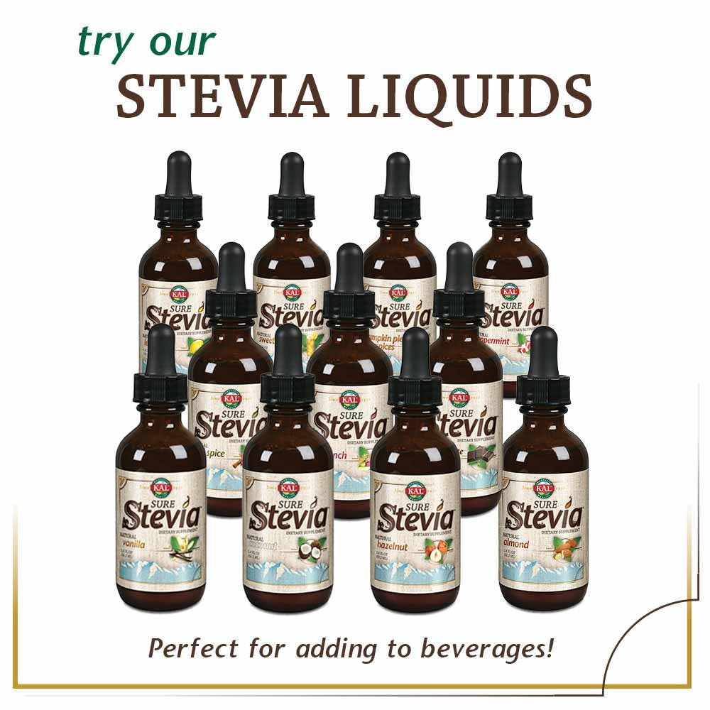 KAL Sure Stevia on a kitchen counter with coffee, KAL helps reduce sugar in recipes