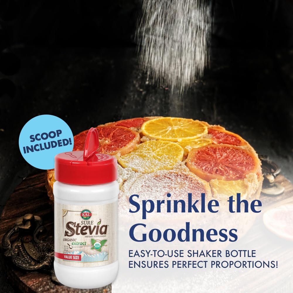 KAL Sure stevia next to teaspoon and fruit showing compact 2.8 oz size convenience