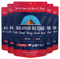 Kalahari Biltong front packaging showing spicy Peri Peri and five 2oz bags for convenience