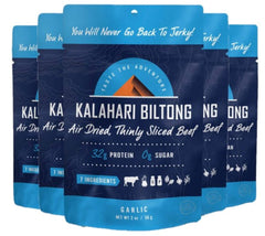 Kalahari Biltong garlic front packaging showing five 2 oz bags and benefits