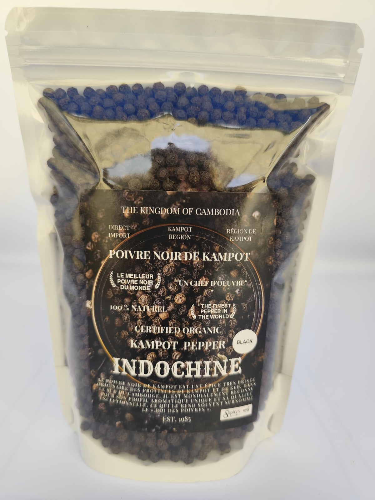 Kampot Pepper front packaging showing organic seal and rare provenance