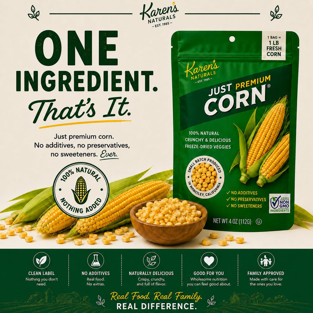 Karen's Naturals product styled on family farm table showing small-batch quality