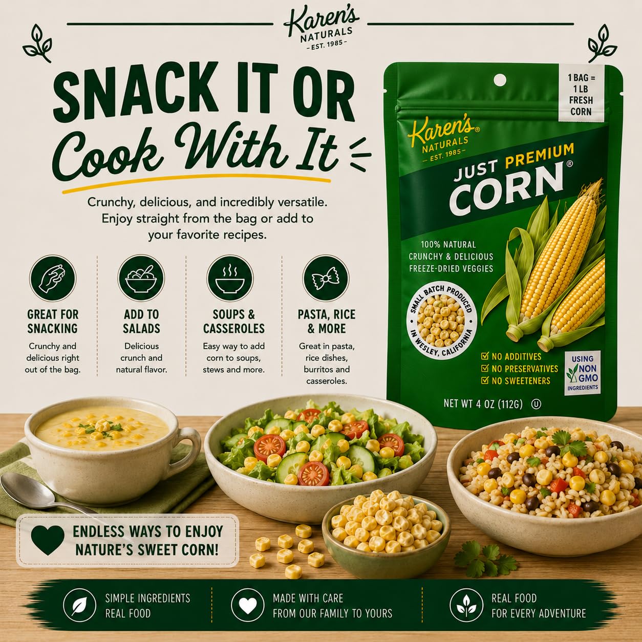 Karen's Naturals pouch held in hand showing lightweight, shelf-stable benefit