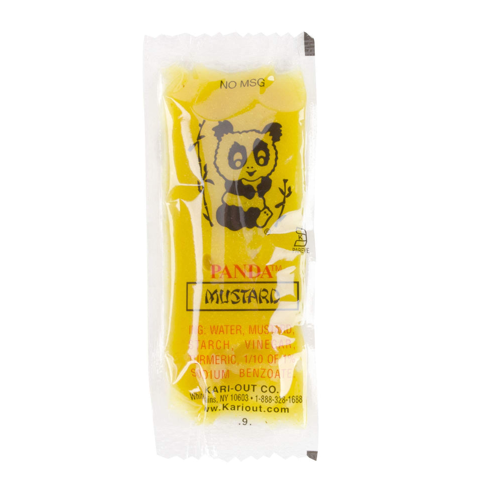 Kari-Out hot mustard single packet next to dumplings showing bold flavor and convenient single-serve