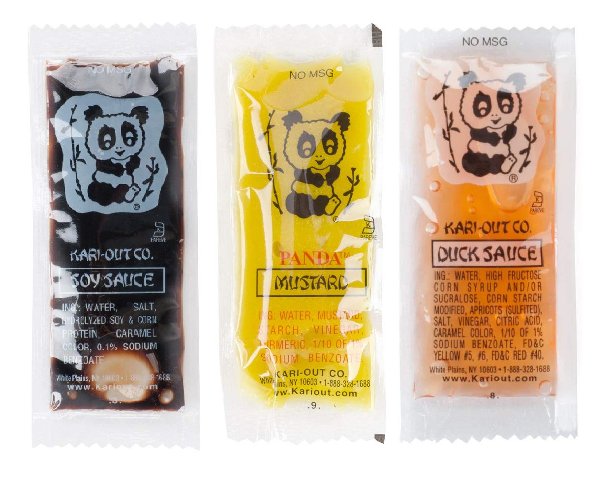 Kari-Out front view of packet bundle showing soy duck mustard and easy-portioned convenience