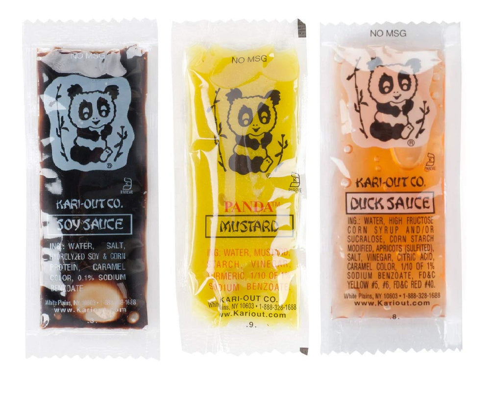 Kari-Out front view of packet bundle showing soy duck mustard and easy-portioned convenience