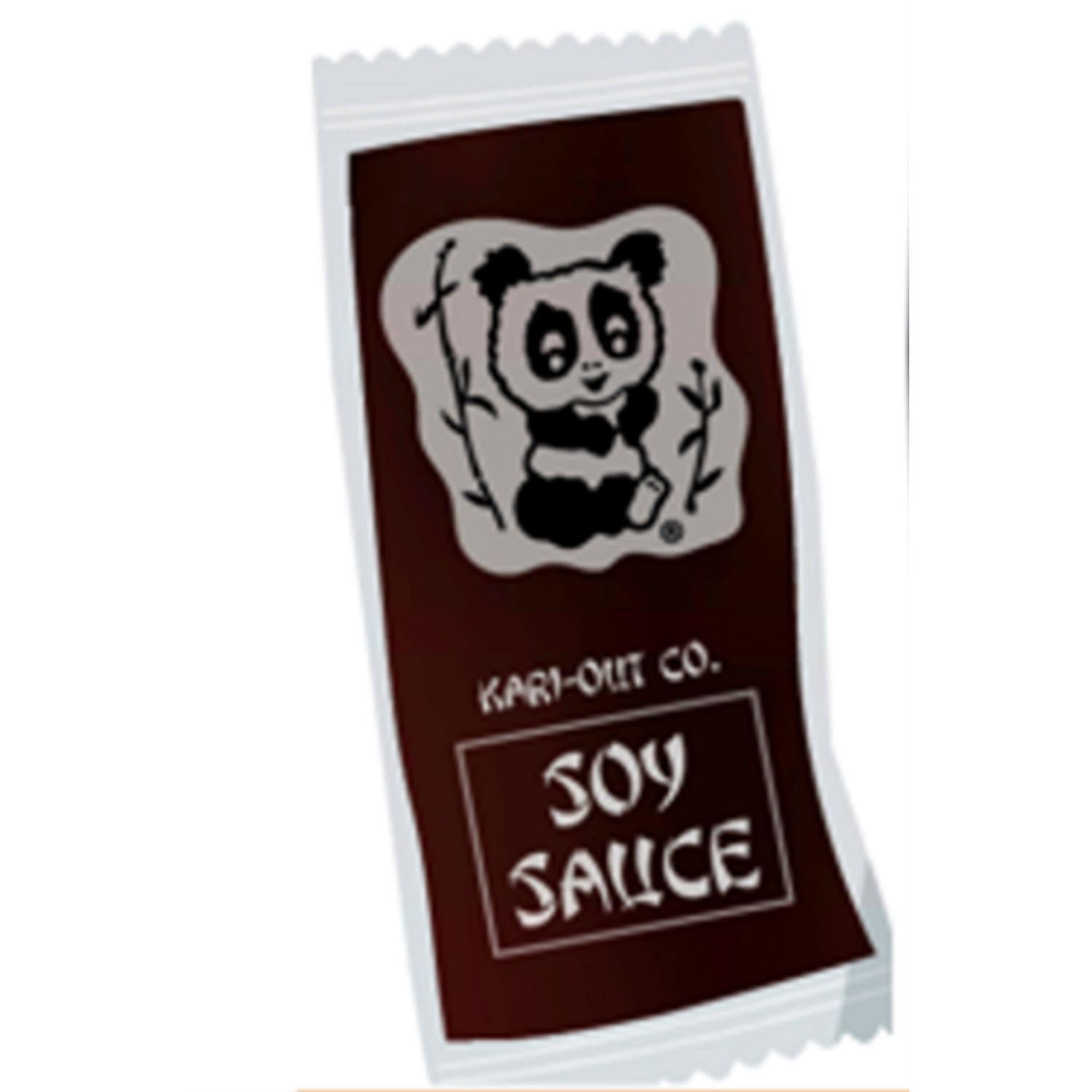 Open case of Kari-Out soy sauce packets stacked for storage showing space-saving benefit