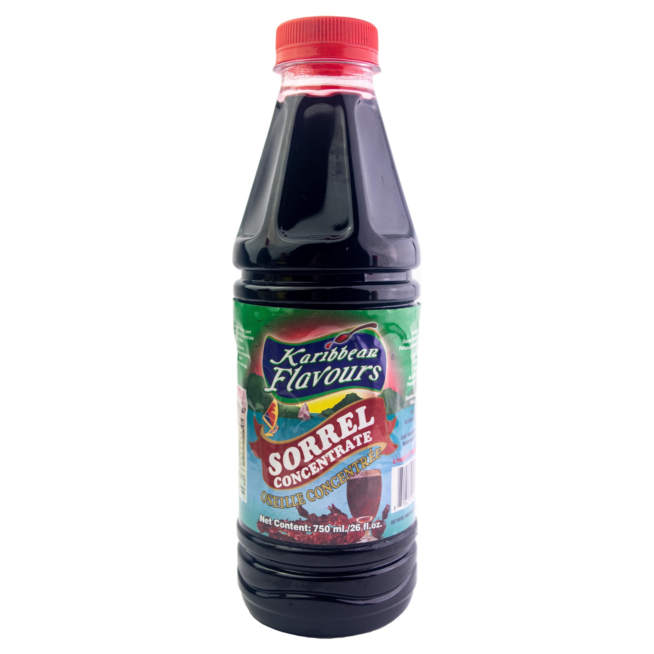 KARIBBEAN FLAVOURS front bottle showing sorrel concentrate and serving suggestion
