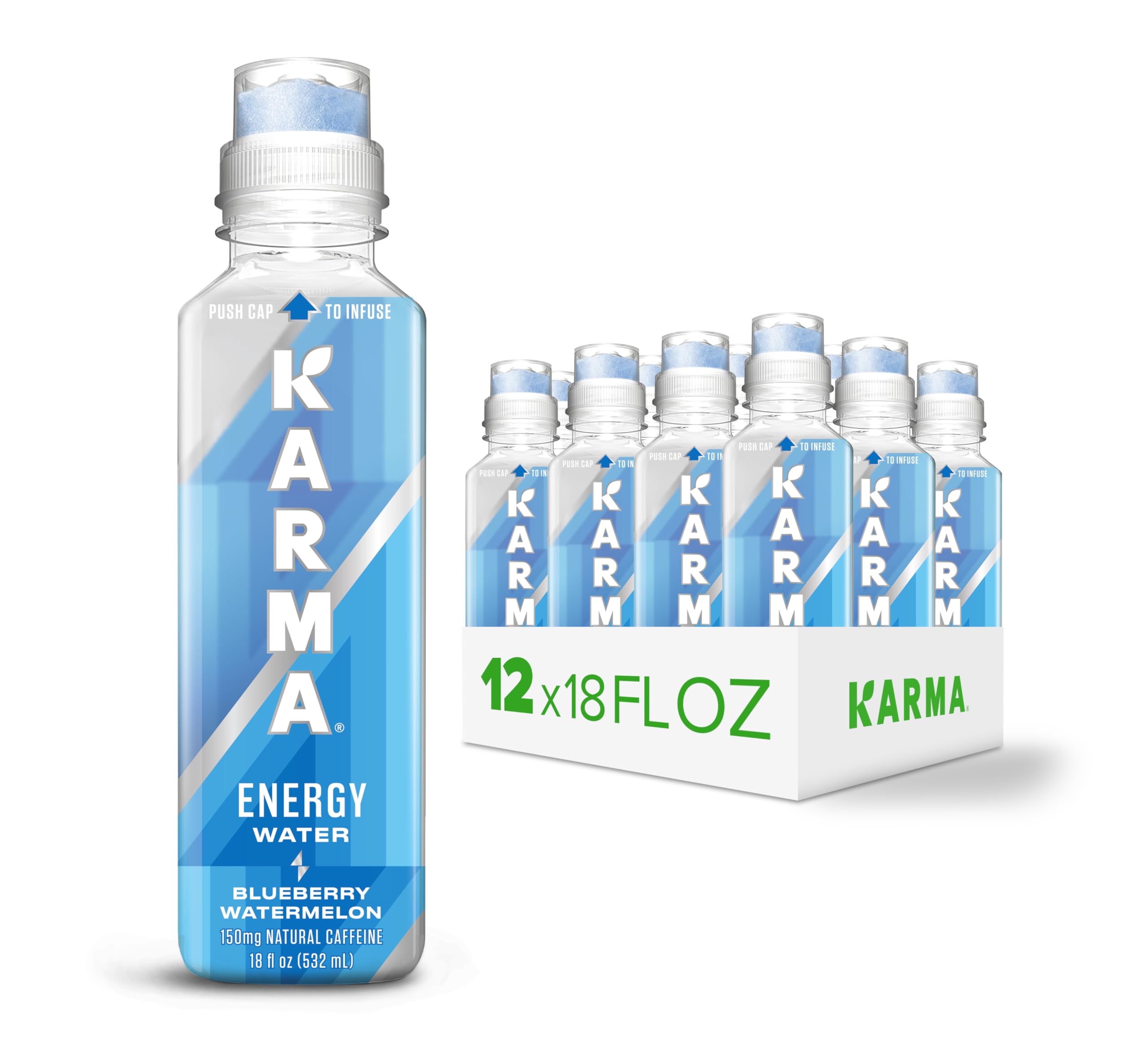 Karma front packaging showing Blueberry Watermelon flavor and low calorie benefit