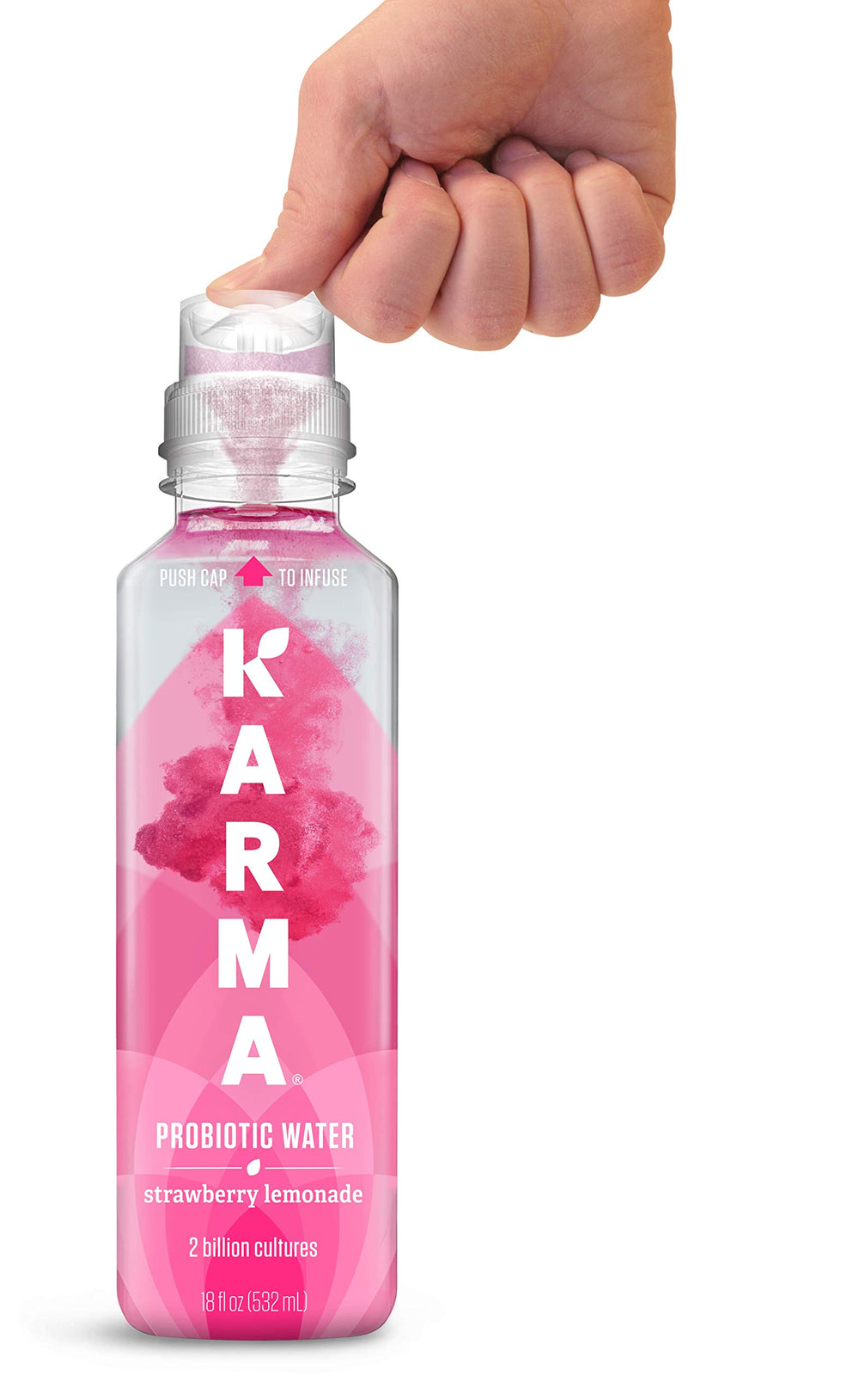 Karma bottle closeup label showing probiotic and vitamin benefits