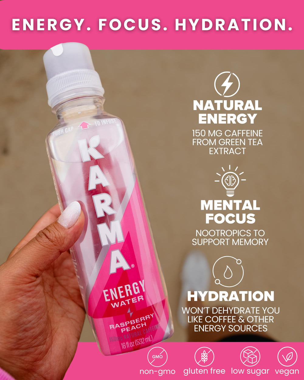 Karma bottle texture close-up highlighting clear water finish and refreshment