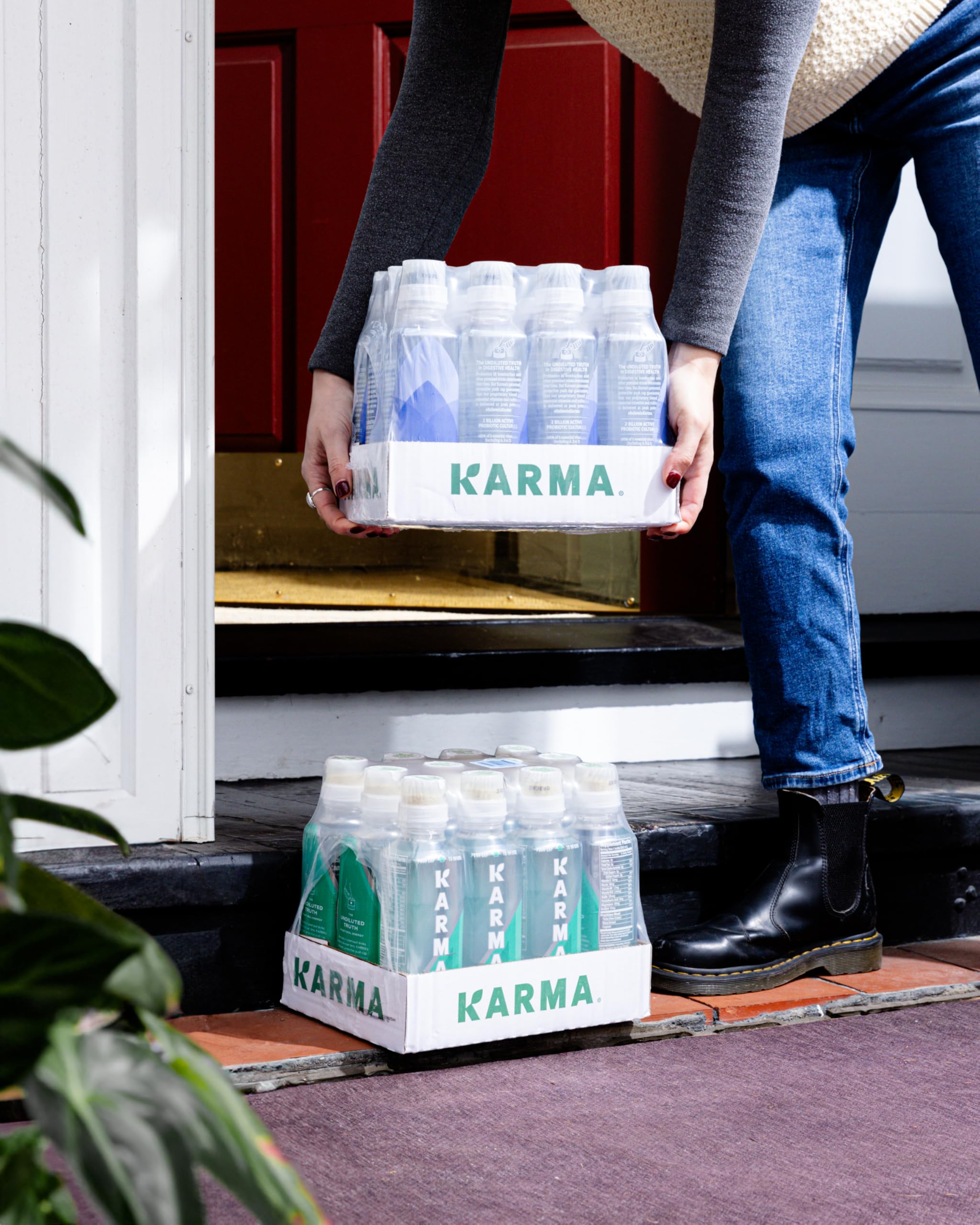 Karma 12-pack stored in fridge demonstrating on-the-go chilled convenience