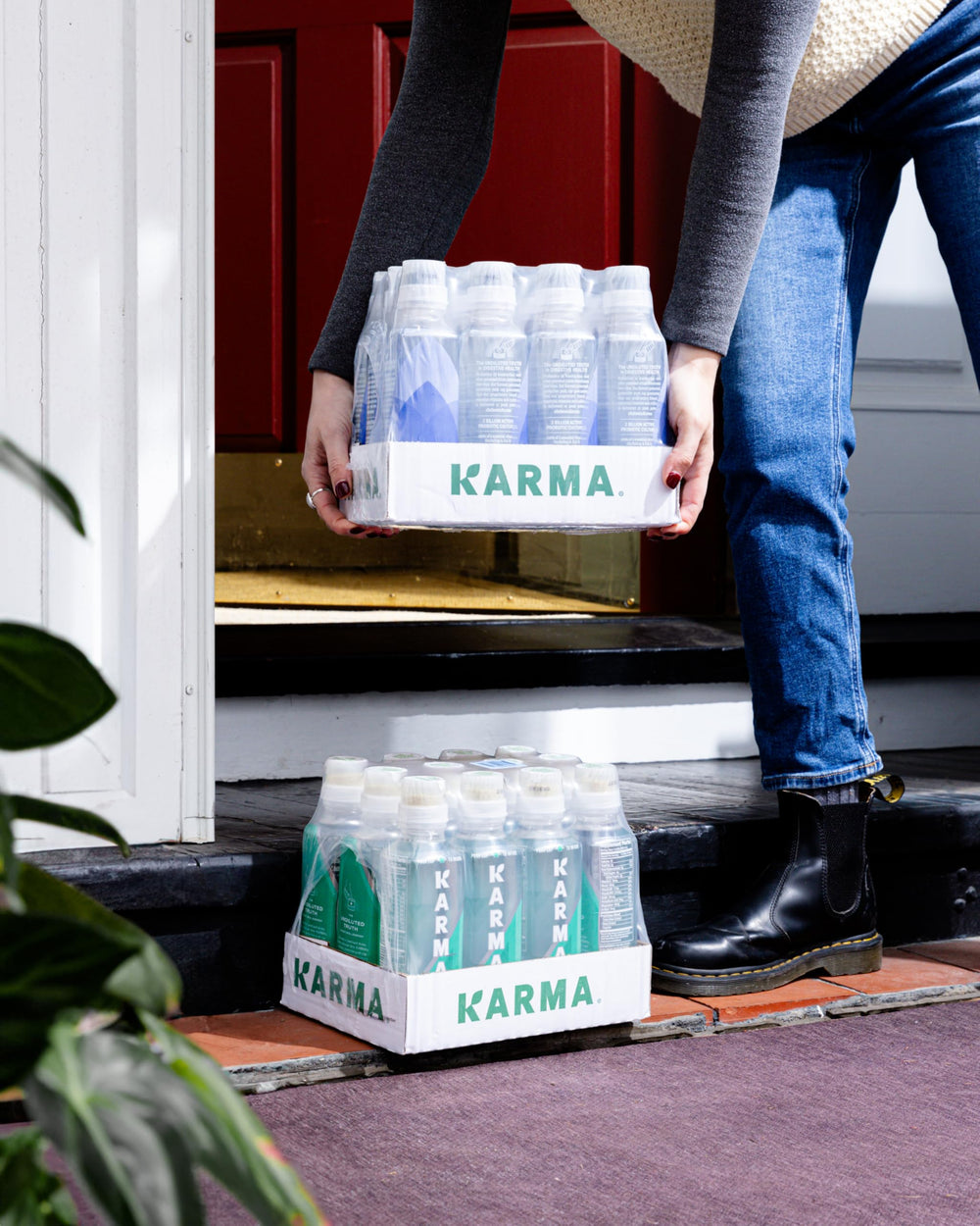 Karma 12-pack stored in fridge demonstrating on-the-go chilled convenience