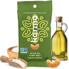 Karma front packaging showing 1.5oz olive oil sea salt cashews, convenient portability