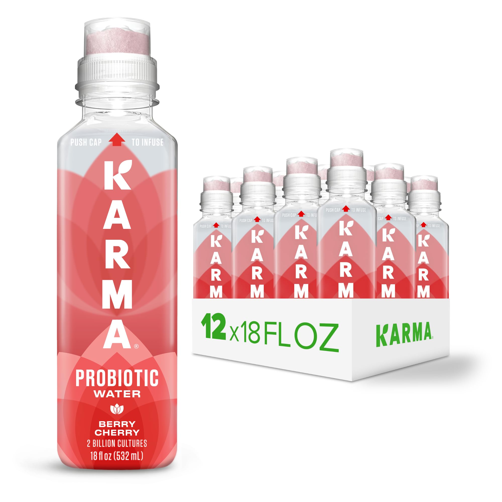 Karma front packaging Berry Cherry showing 12-pack and benefits
