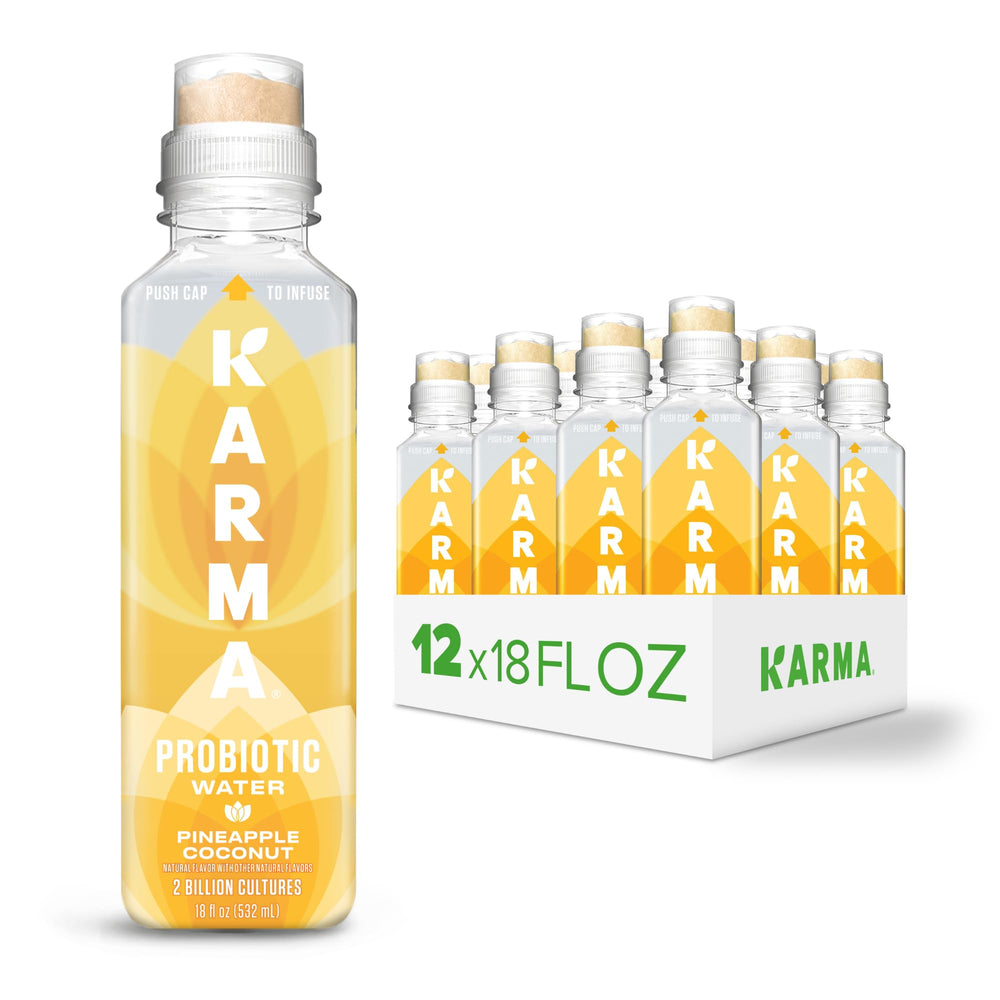 Karma front packaging showing pineapple coconut bottles and product branding for convenient probiotic support