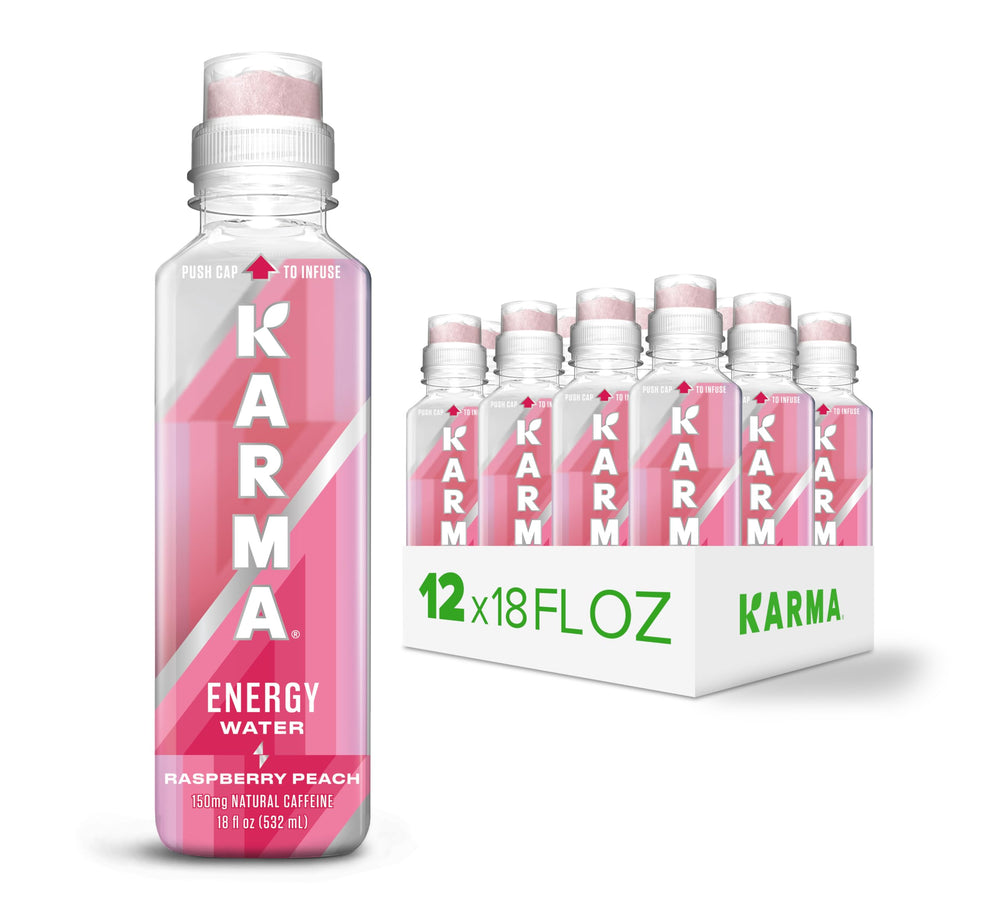 Karma front packaging showing raspberry peach flavor and low calorie benefit