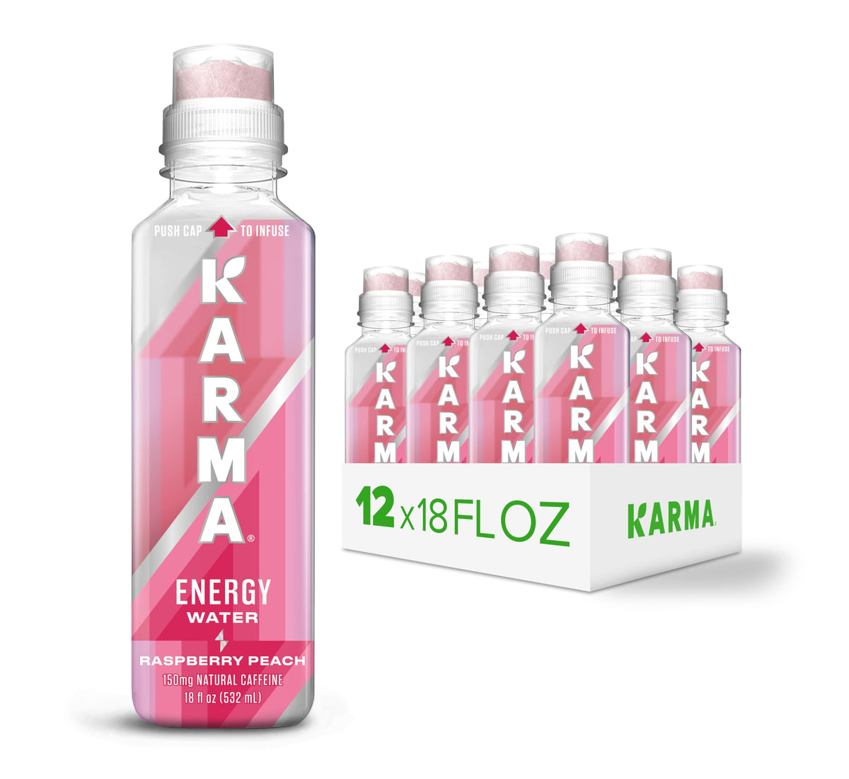 Karma front packaging showing raspberry peach flavor and low calorie benefit