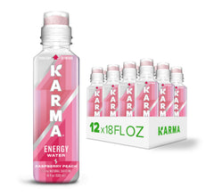 Karma front packaging showing raspberry peach flavor and low calorie benefit