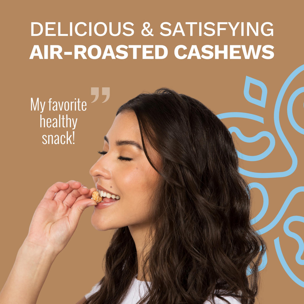 Karma close-up of whole cashews highlighting air-roasted crunch and rich flavor