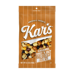 Kar's front packaging of Caramel Sweet 'N Salty pouch showing size and resealable zipper, convenient for travel