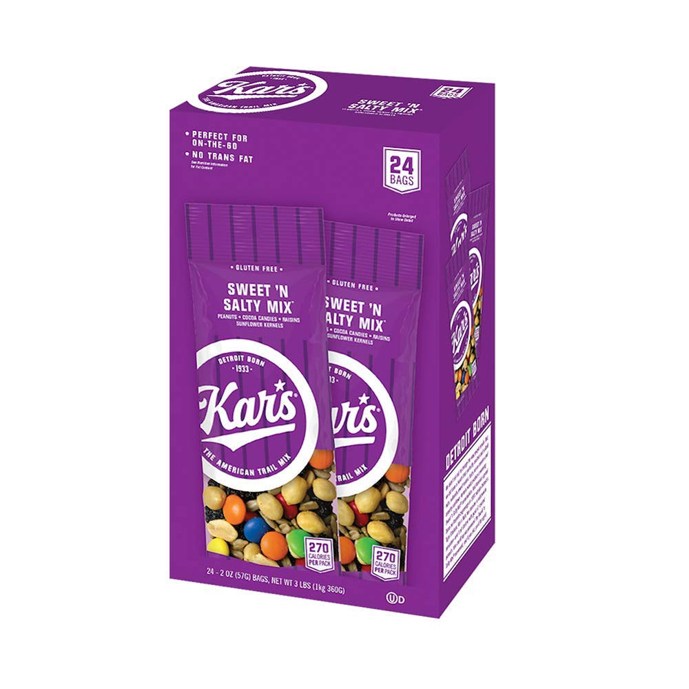 Kar's front pack 2 oz trail mix pouch showing portioned snack and easy portability