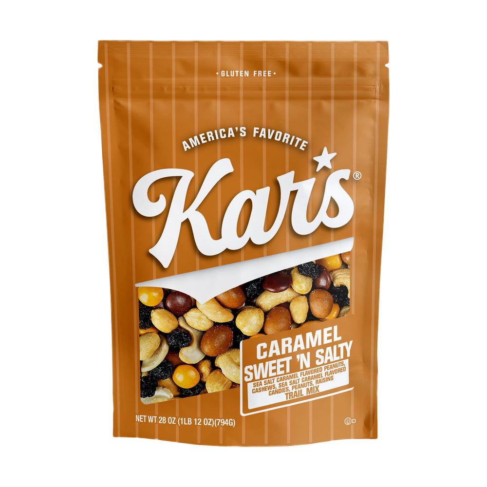 Kar's front pouch showing 28 oz bag and label, highlights freshness