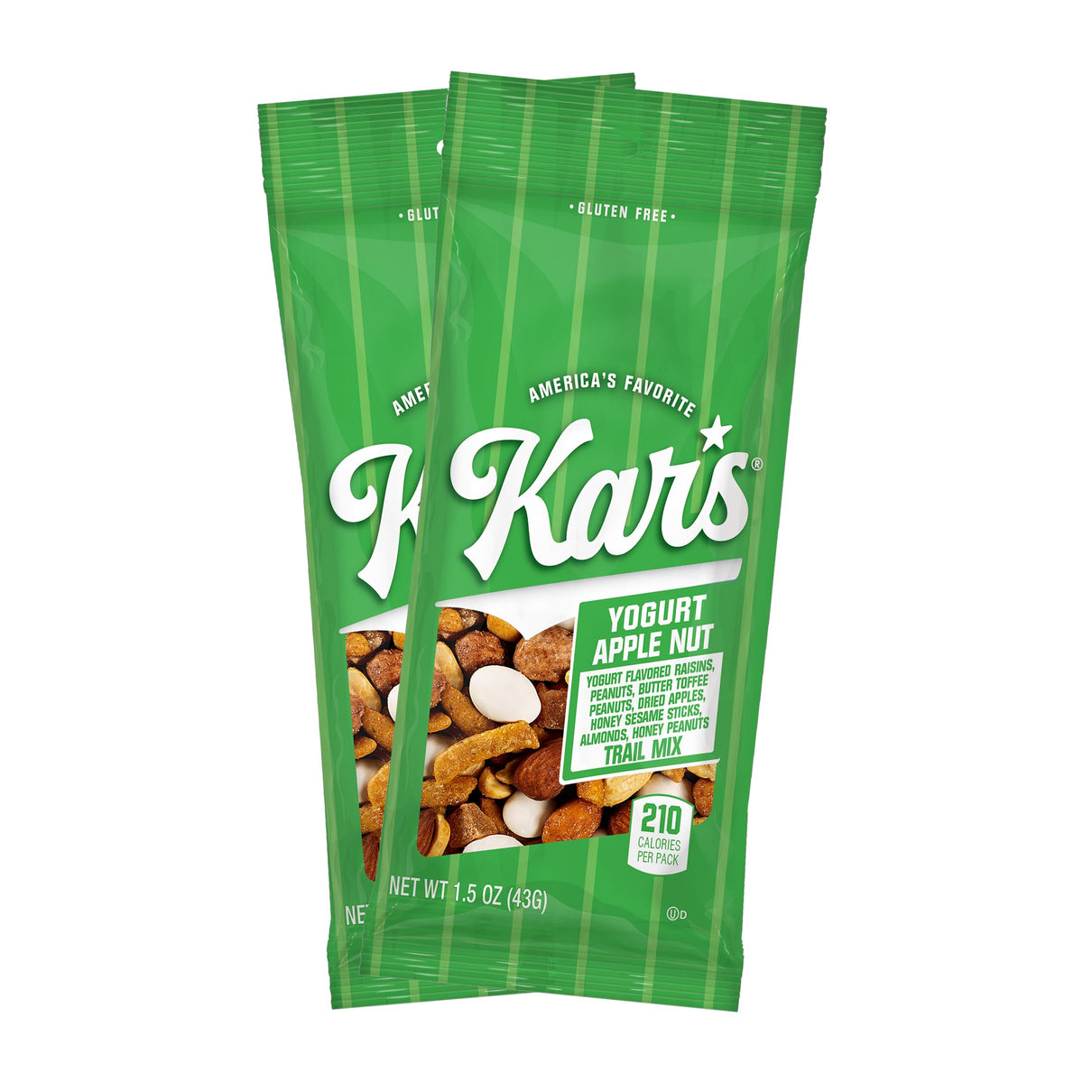 Kar’s front packaging showing single-serve yogurt apple nut trail mix, portable convenience
