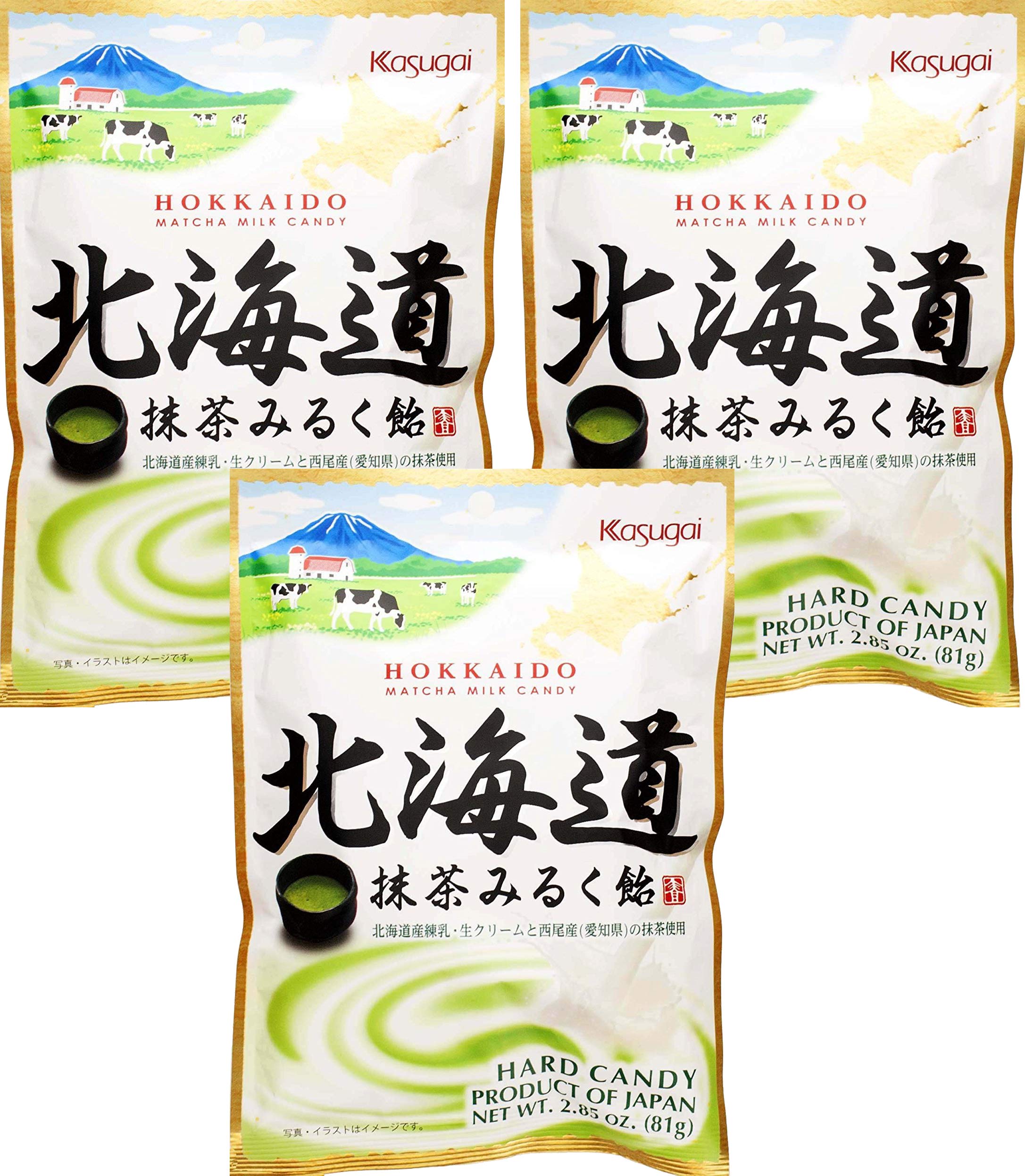 春日井製菓 front packaging showing matcha milk candies and product benefits