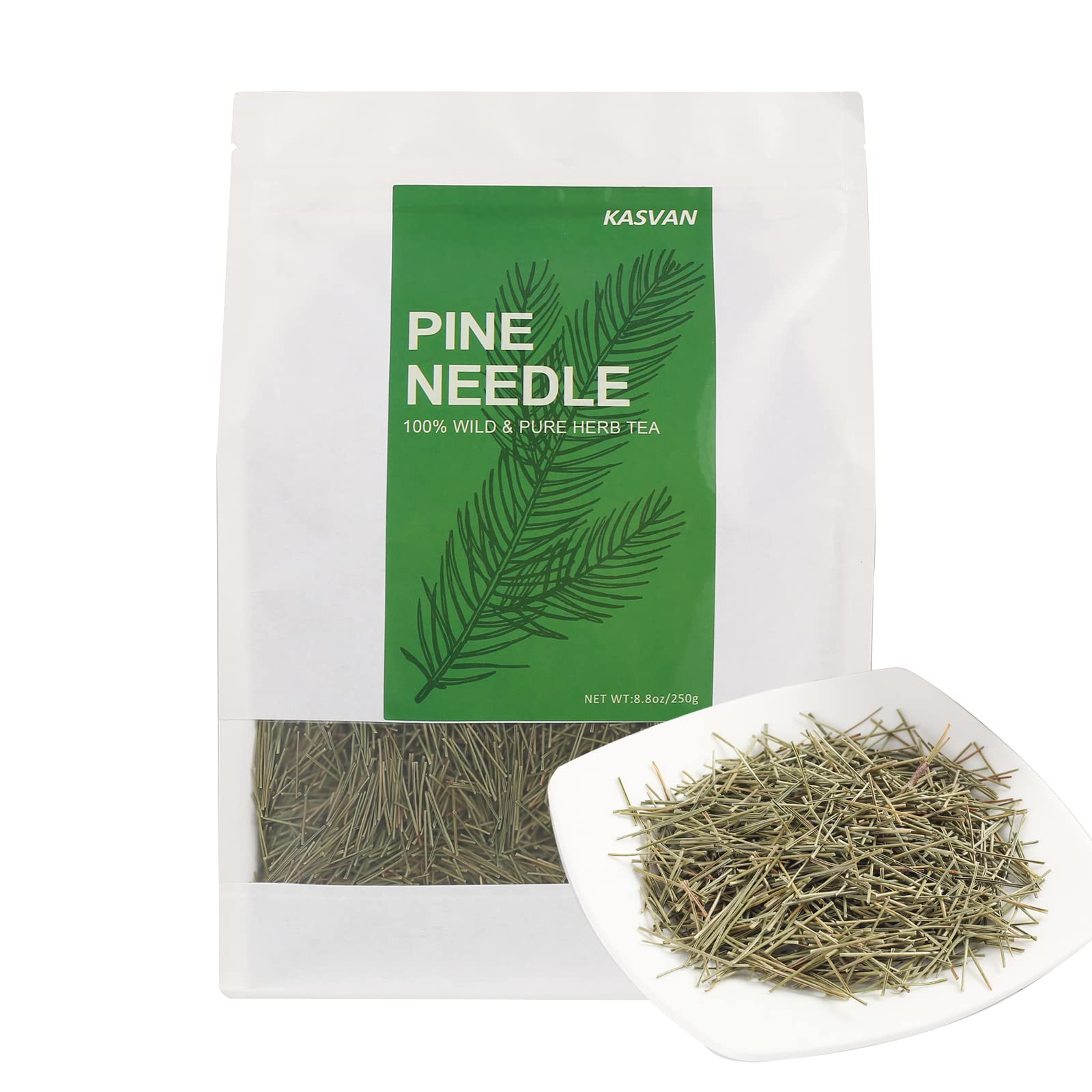 KASVAN front packaging showing pine needle tea, clear labeling and benefit of natural aroma