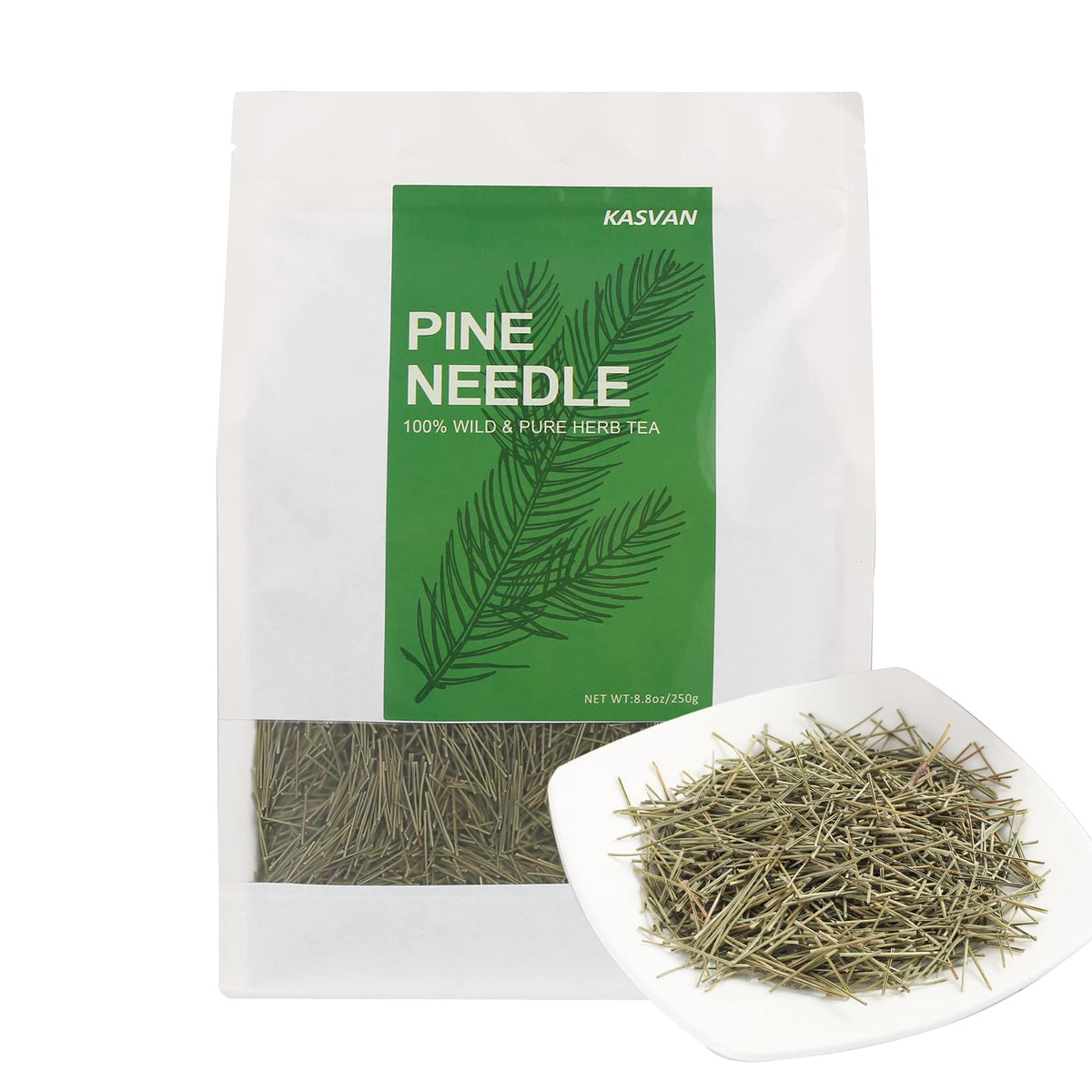 KASVAN front packaging showing pine needle tea, clear labeling and benefit of natural aroma