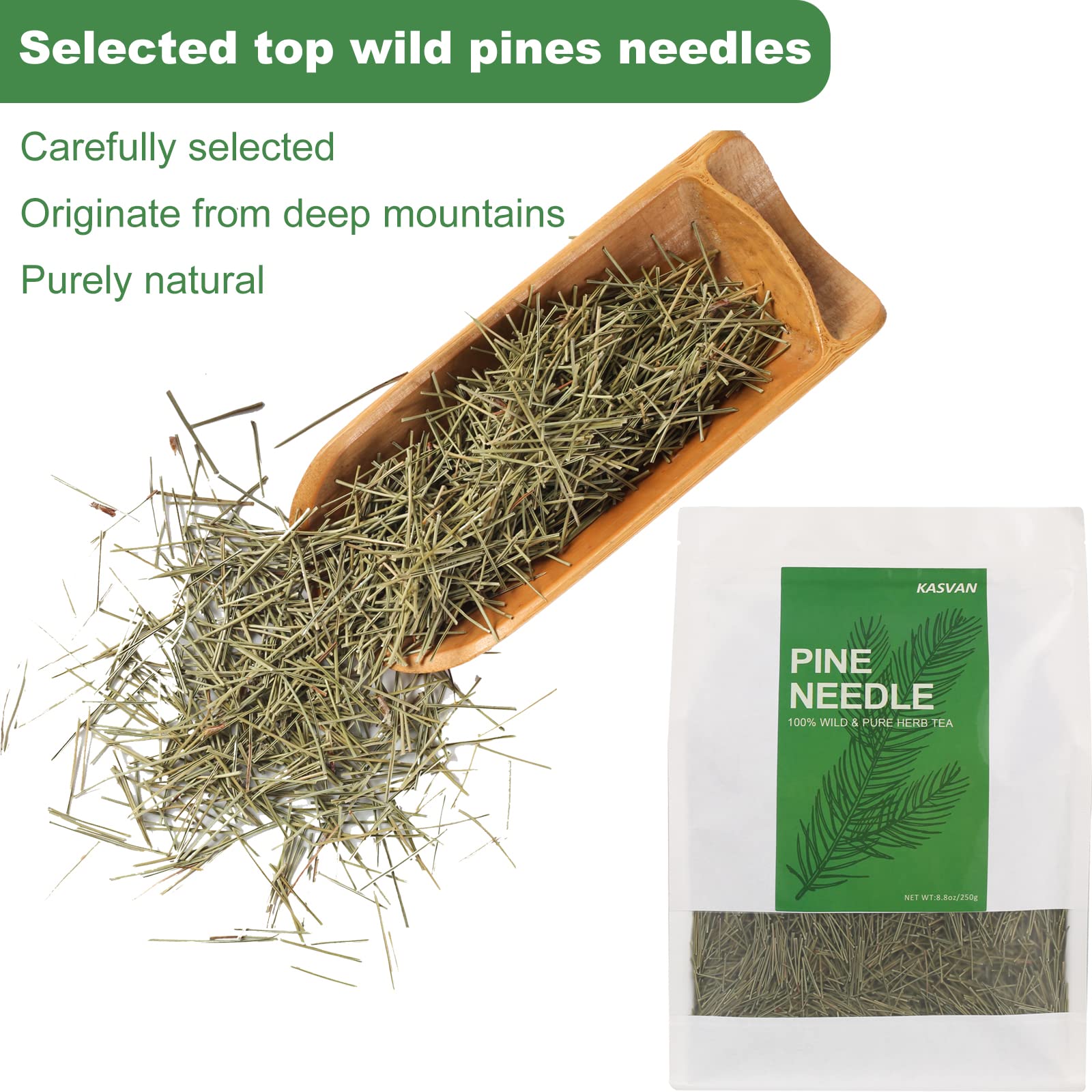 KASVAN close-up of loose white pine needles, texture visible and freshness preserved