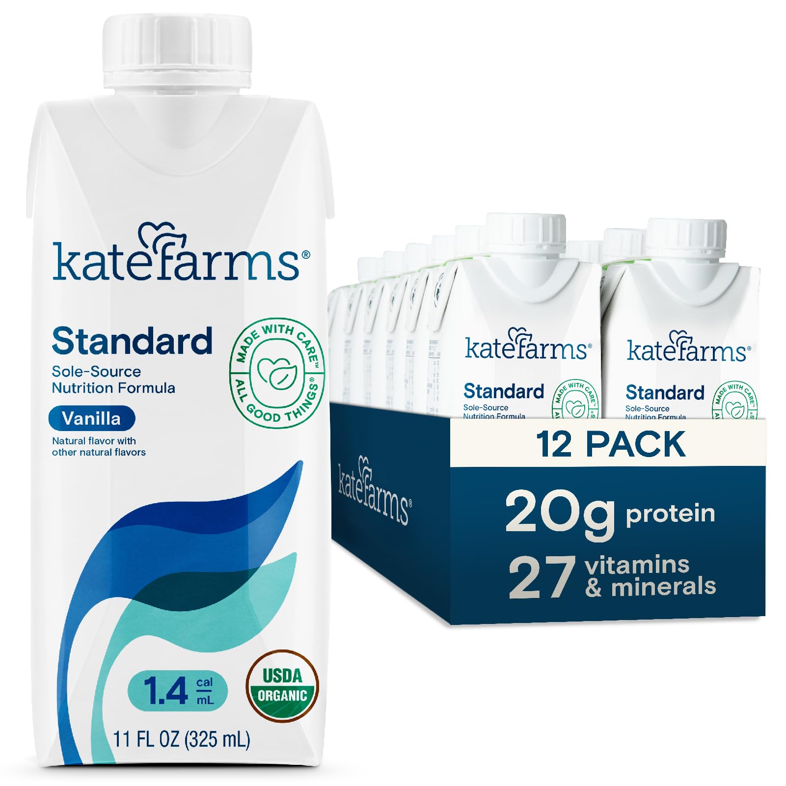KATE FARMS front packaging showing vanilla bottle and calorie callout for convenience