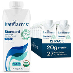 KATE FARMS front packaging showing vanilla bottle and calorie callout for convenience