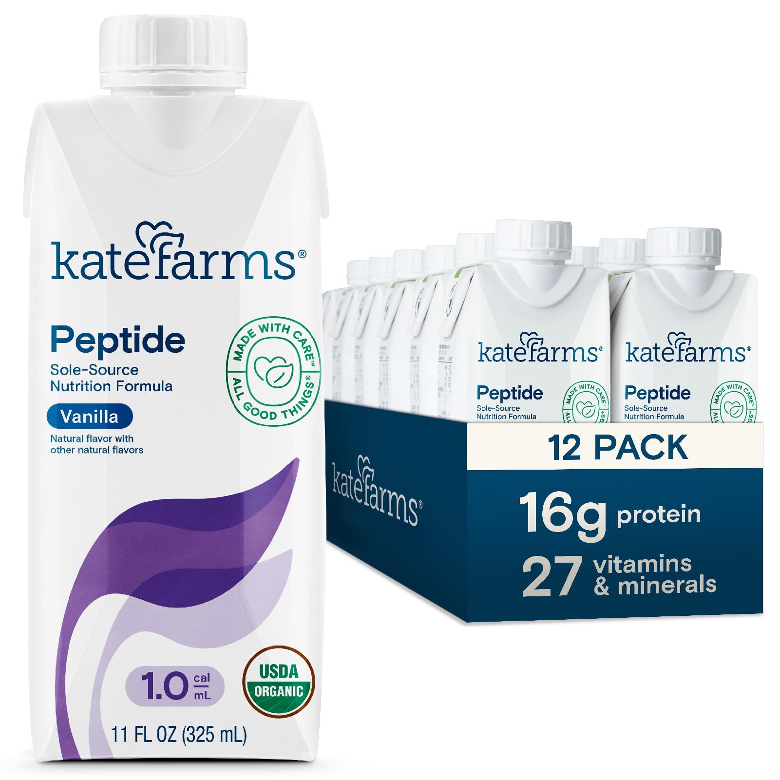 Kate Farms front packaging showing vanilla 8 fl oz cartons and organic badge for easy choice