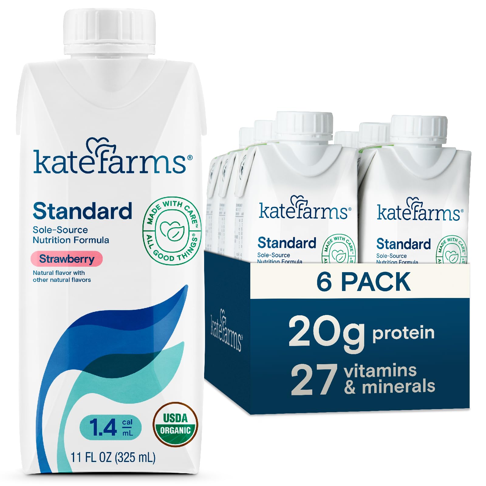 Kate Farms bottle front packaging showing strawberry label and nutrition highlights