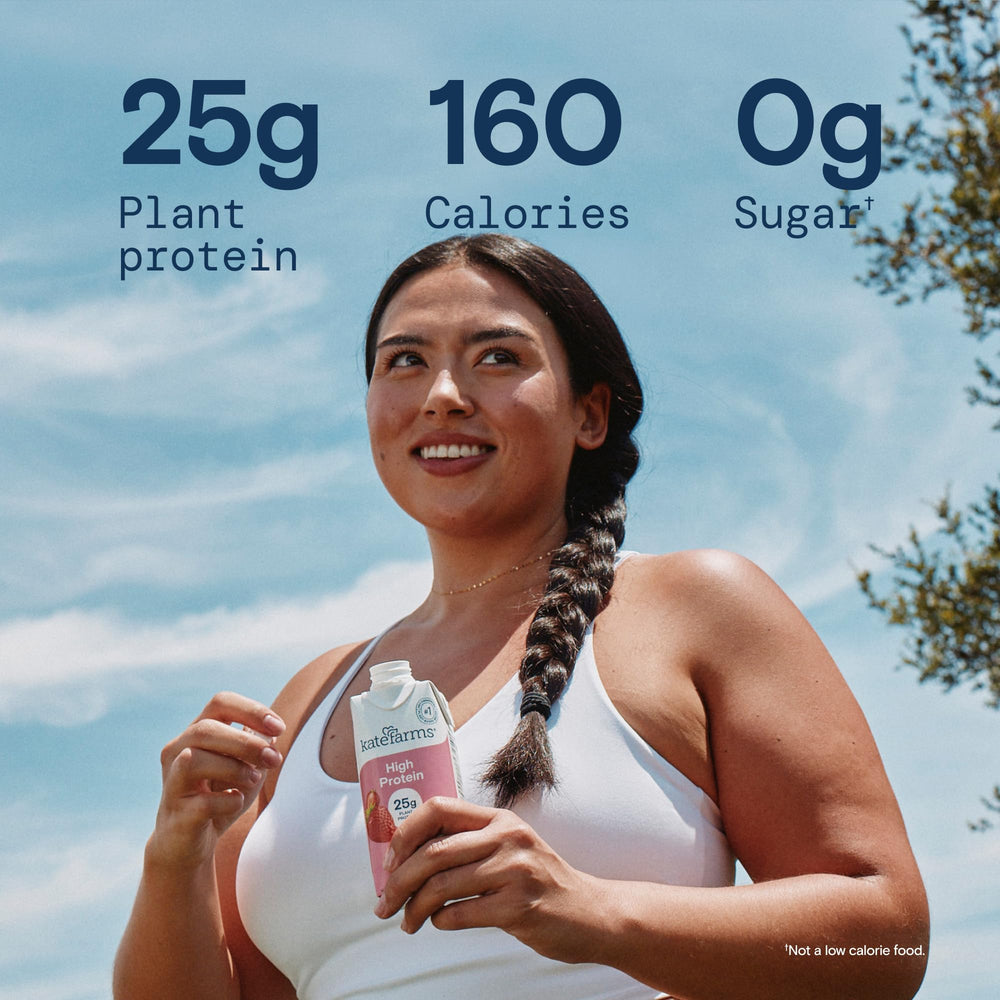 Kate Farms pour showing smooth strawberry shake texture for quick nutrition