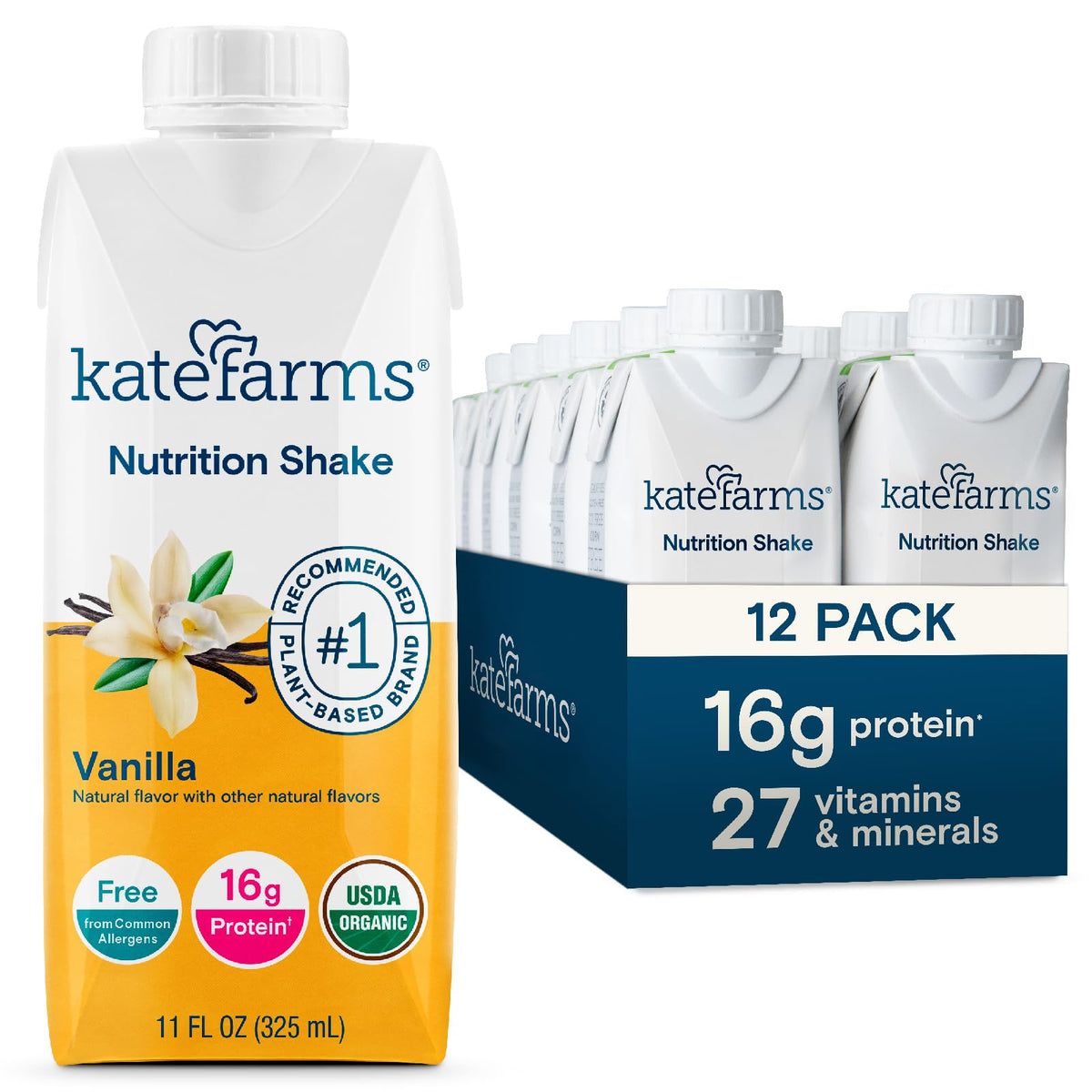 Kate Farms front packaging showing vanilla 12-pack and organic badge