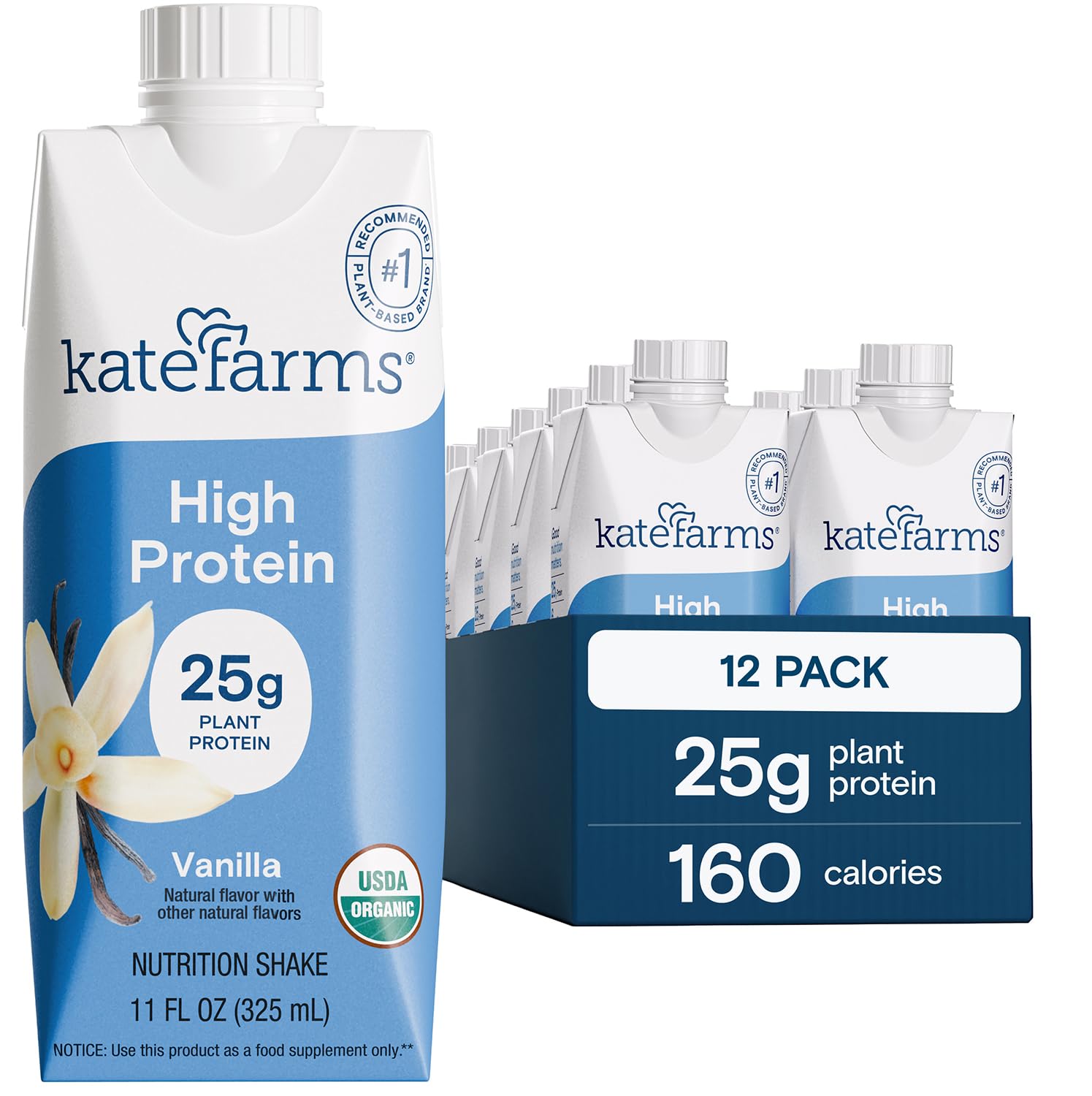 Kate Farms vanilla shake front packaging showing label and clean design for easy selection