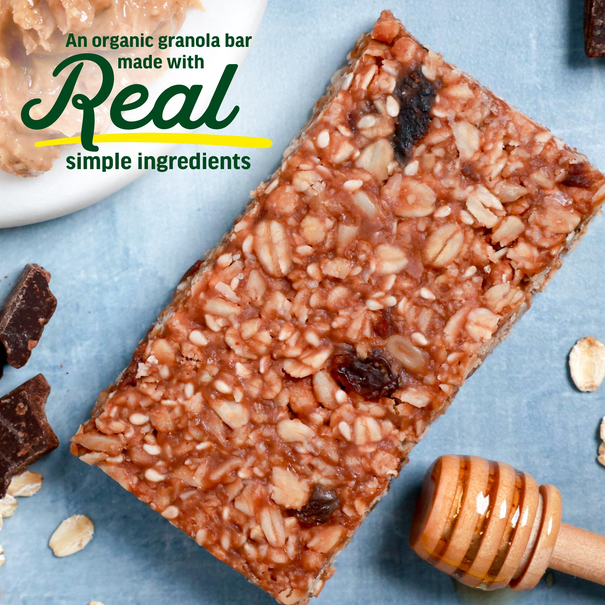 Kate's unwrapped bar close-up highlighting creamy peanut butter and dark chocolate chunks for texture