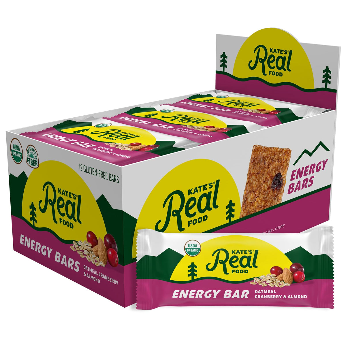 Kate's front packaging showing oatmeal cranberry almond bars and organic badge benefit