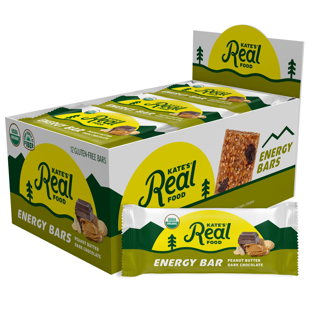 Kate's front packaging showing peanut butter dark chocolate and certifications for quick recognition
