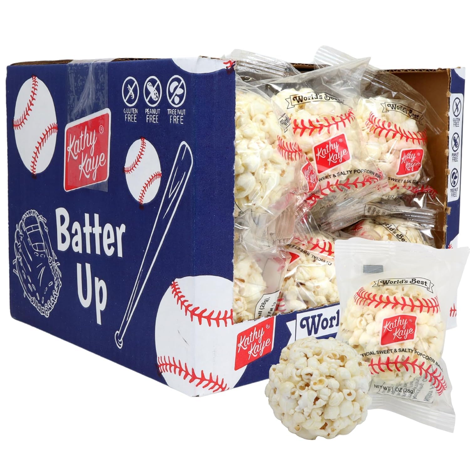 Nani Organics front display box showing 18 baseball-themed popcorn balls ready to sell