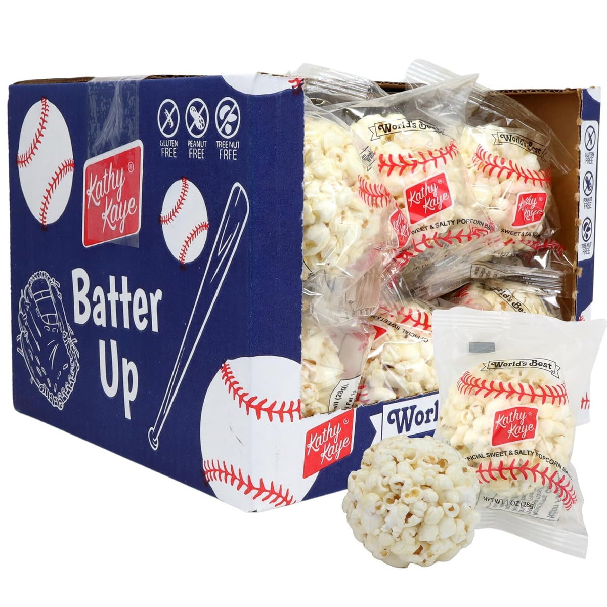 Nani Organics front display box showing 18 baseball-themed popcorn balls ready to sell